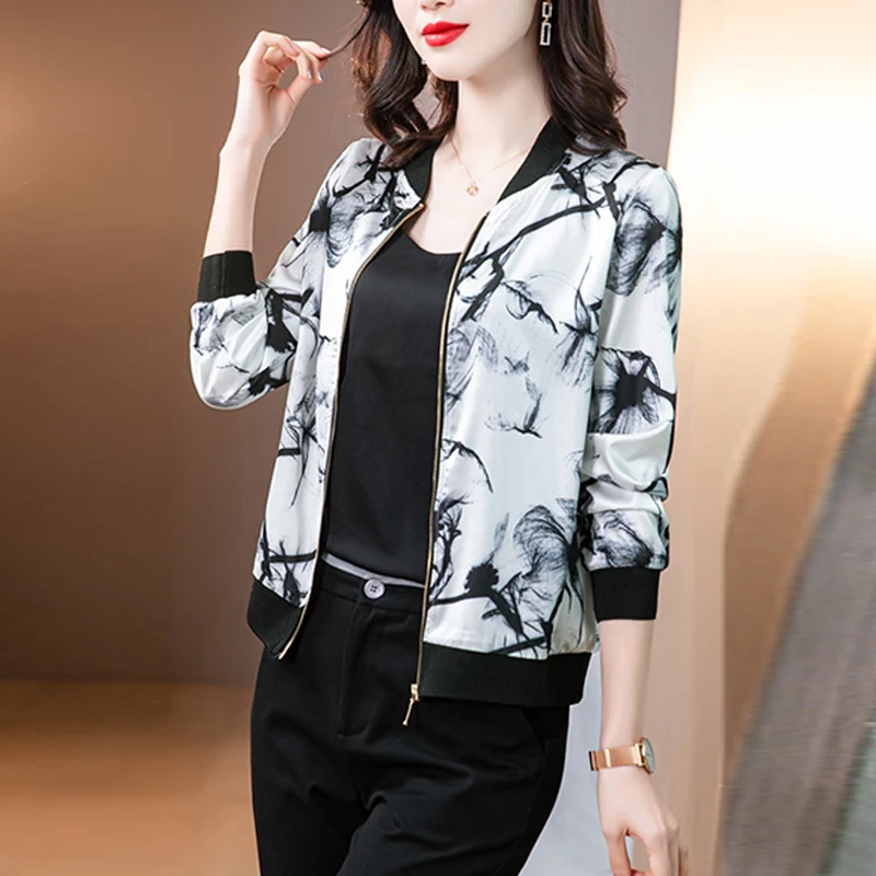 

2022 Korean Summer Women Flower Jacket Long Sleeve Thin Jacket Coats Woman Casual Slim Female Baseball Zipper Jackets Clothes