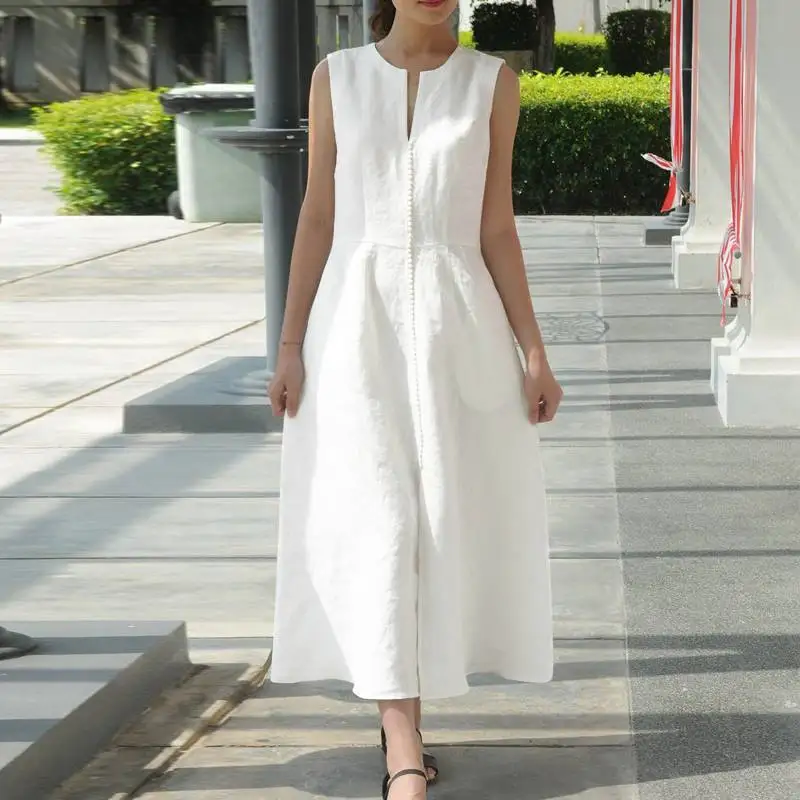 

Women Summer Clothing 2022 V-Neck Waist Belt Linen Hem Split Sleeveless Midi Dresses White Black Long Skirts Pockets Ladies Clot