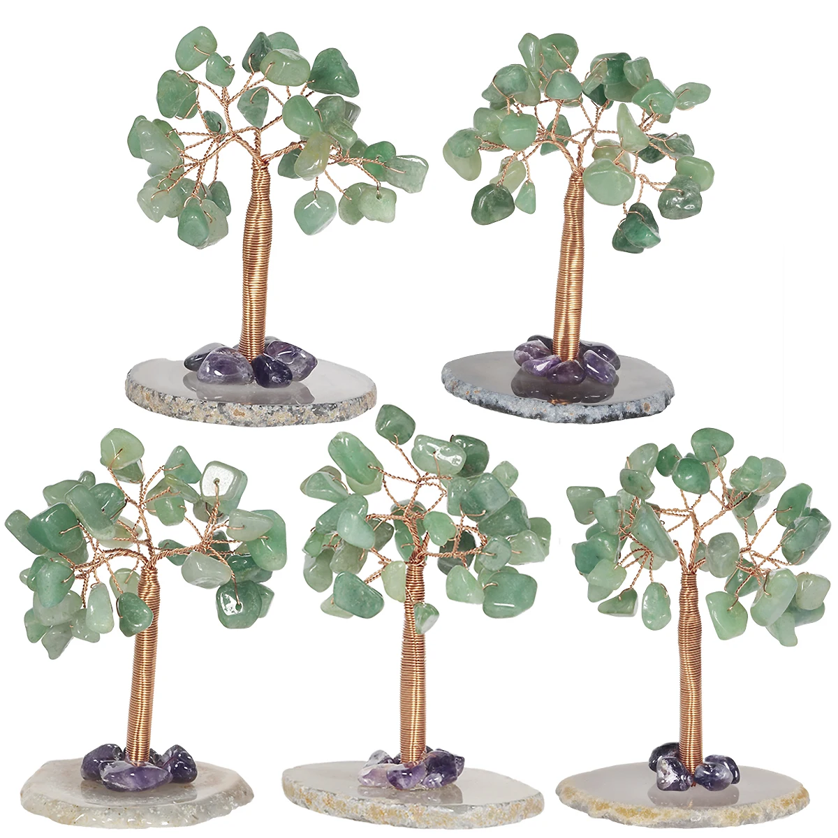 Natural Green Aventurine Mini Crystal Tree Lucky Money Tree With Agate Slice Base Feng Shui Home Decoration Office Ornaments