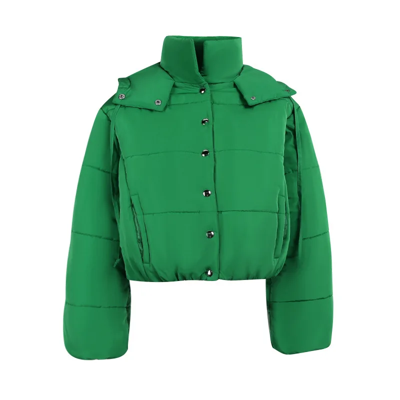 Winter New Style Cropped Single-breasted Solid Color Hooded Long-sleeved Cotton Jacket Temperament Commuter Fashion Top Women