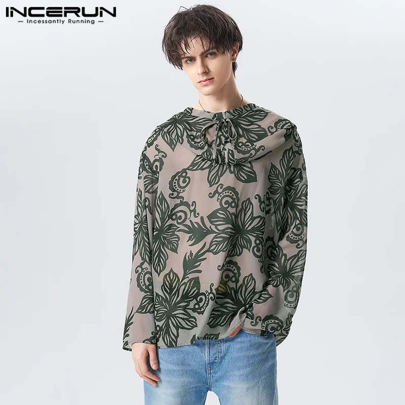 

INCERUN Tops 2023 American Style Men's Hot Sale Chiffon Printed T-shirts Casual Sexy Male See-through Hooded Thin Camiseta S-5XL