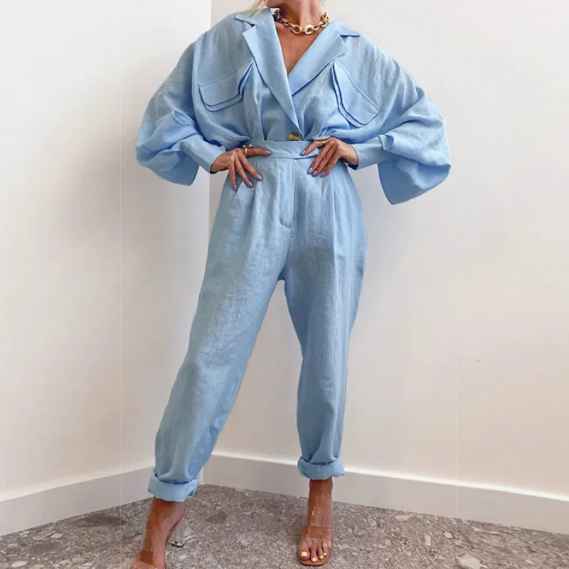 

Female Autumn Cotton Linen Oversize Breasted Jacket Fashion Chic Blazers Womens Clothing Batwing Longs Sleeve Jackets Blue Coats