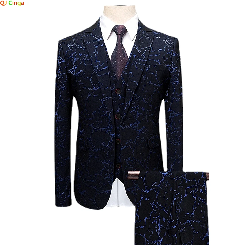 Blue Floral Suit Three Piece Men's Wedding Party Dress Jacket with Pants Vest Red Black Men Slim Blazer Coat Waistcoat Trousers