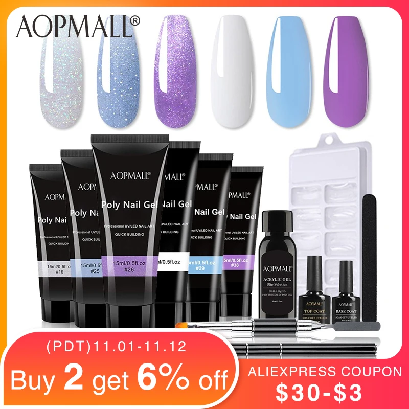 

AOPMALL® 6 Color Poly Nail Gel 12 Pcs Starter Nail Kit Nail Art Design Quick Building Gel Crystal Clear Color Manicure Set
