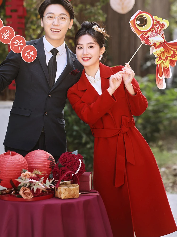 Новогоднее красное кашемировое пальто женское High Sense 2024 новинка 00% шерсть