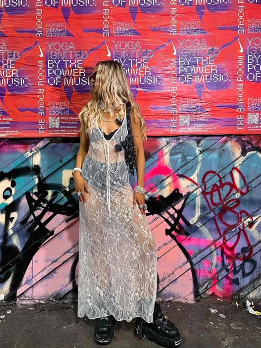 Женское кружевное Прозрачное платье макси винтажное облегающее без рукавов с