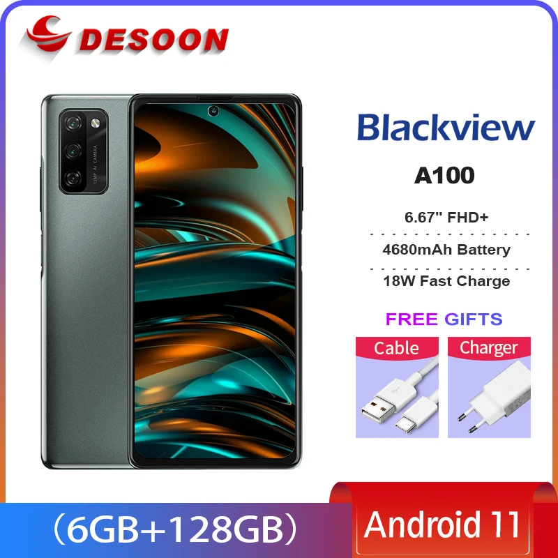 

Blackview A100 Helio P70 Octa Core Android 11 Smartphone 6GB+128GB 6.67" FHD+ 4680mAh NFC 4G LTE Mobile Phone 18W Fast Charge