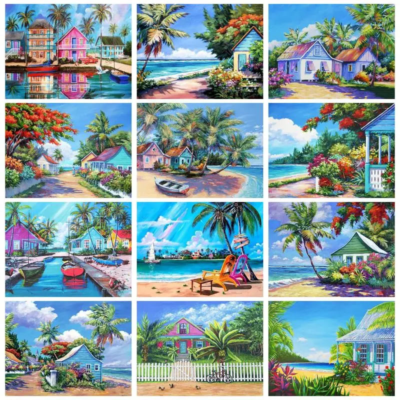 

GATYZTORY Acrylic Paint By Numbers On Canvas Coloring By Numbers Seascape Wooden Cabin Picture Paint Home Decor Handpainted