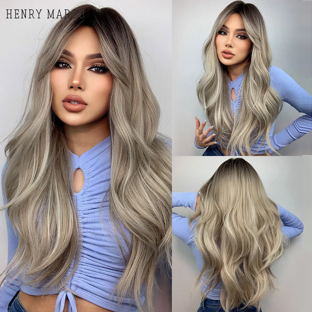 

HENRY MARGU Long Wavy Brown Gray Ash White Ombre Synthetic Wig with Bangs Cosplay Daily Party Wig for Black Women Heat Resistant