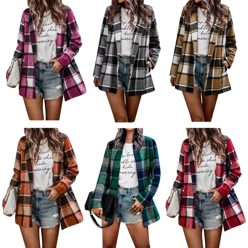 

Женский винтажный клетчатый кардиган с отложным воротником и длинным рукавом