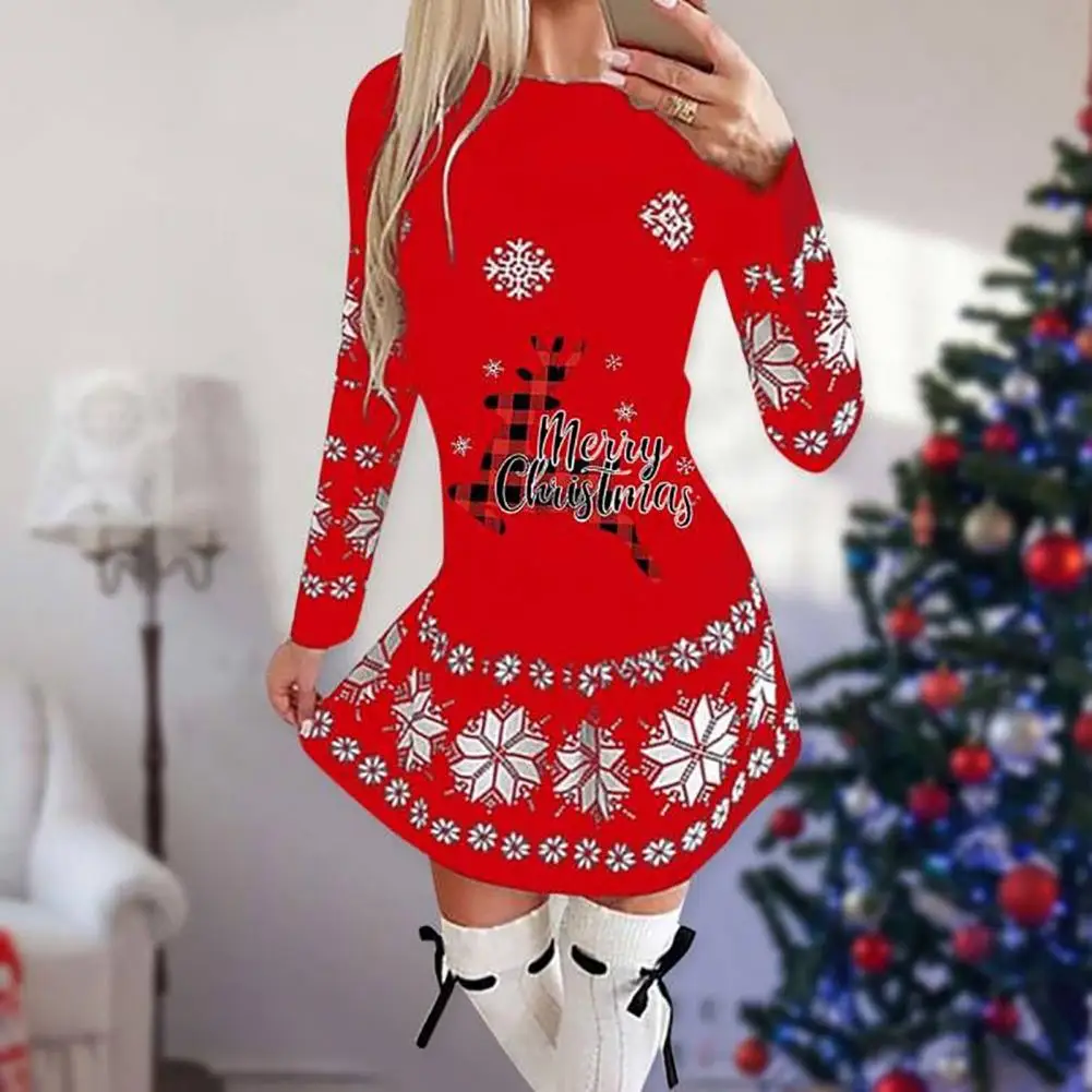

Xmas Dress Women O-Neck Long Sleeve Festive Party Dress Christmas Gnome Elk Print Mini Dress Streetwear