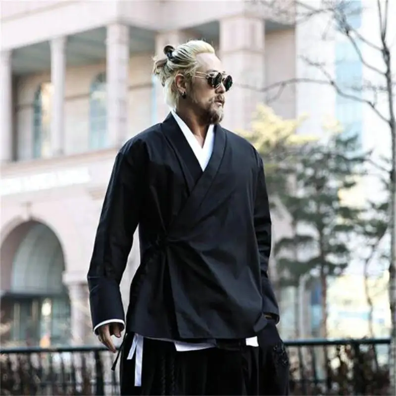 Men's V-Neck Lace Up Shirt Korea Fashion Brand Large New Style Personalized Versatile Loose Fashion Long Sleeve Shirt