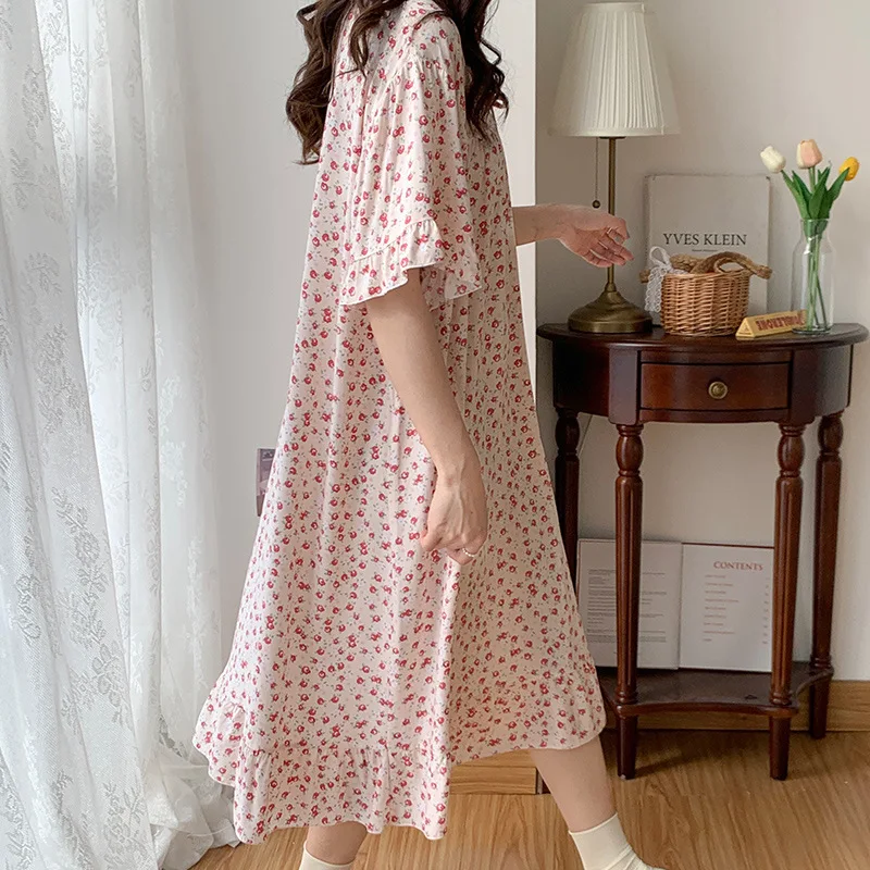 Summer Short Sleeve Loose Thin Young Lady Sweet Pajama V-Neck Floral Print Long Length Dress Cotton Leisure Ventilation Vestidos