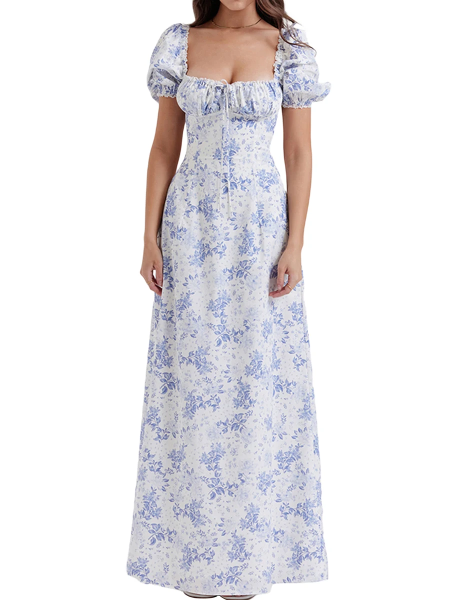 

Women Party Club Long Dress Elegant Puff Sleeve Square Neck Tie-up Solid/Flower Print Summer Dress