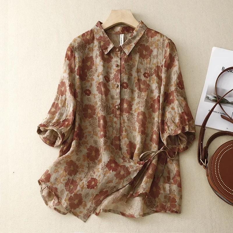 Лето 2023 новый свободный топ винтажная рубашка с цифровой печатью женская из