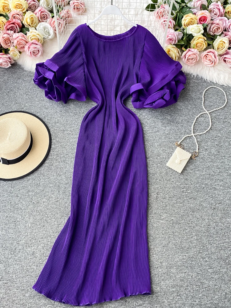 

Elegant Casual Round Neck Women Dress Autumn Flare Short Sleeve Pleated Long Dress Vintage High Waist Ruffles Female Vestidos