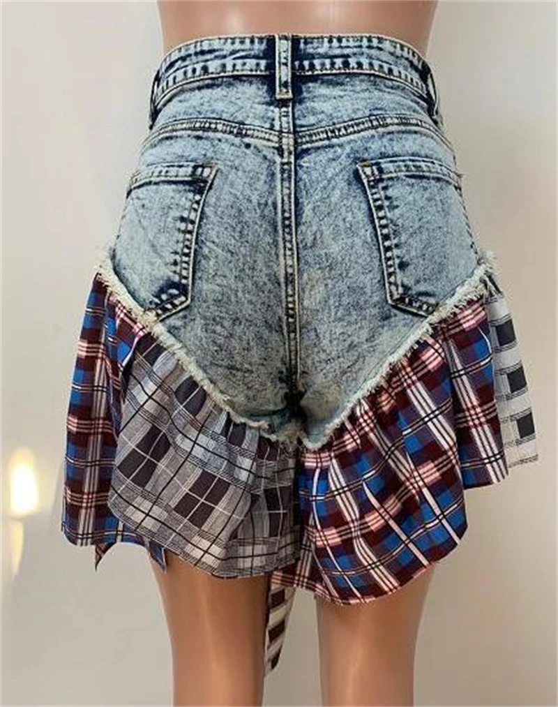 Plaid Patchwork Ruffles Jeans Skirts Shorts Women Summer High Waist Button Fly Pockets Fashion Casual Culotte Streetwear
