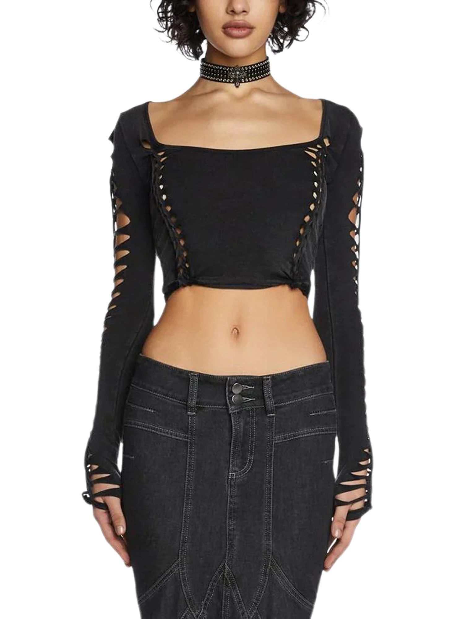 

Женский укороченный Топ с длинным рукавом, Лоскутная цветная рубашка-пуловер с вырезами, уличная одежда 90-х годов