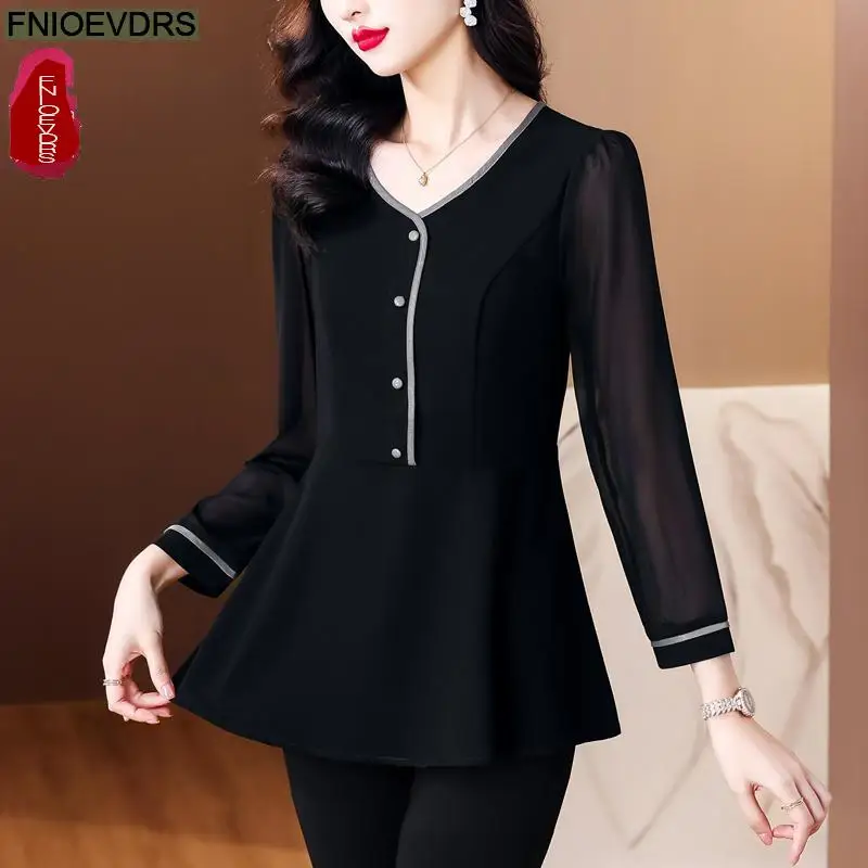 Женская Офисная рубашка с длинным рукавом однотонная черная базовая одежда во