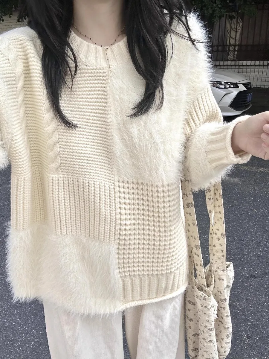 Французский белый лоскутный норковый бархатный вязаный свитер женский