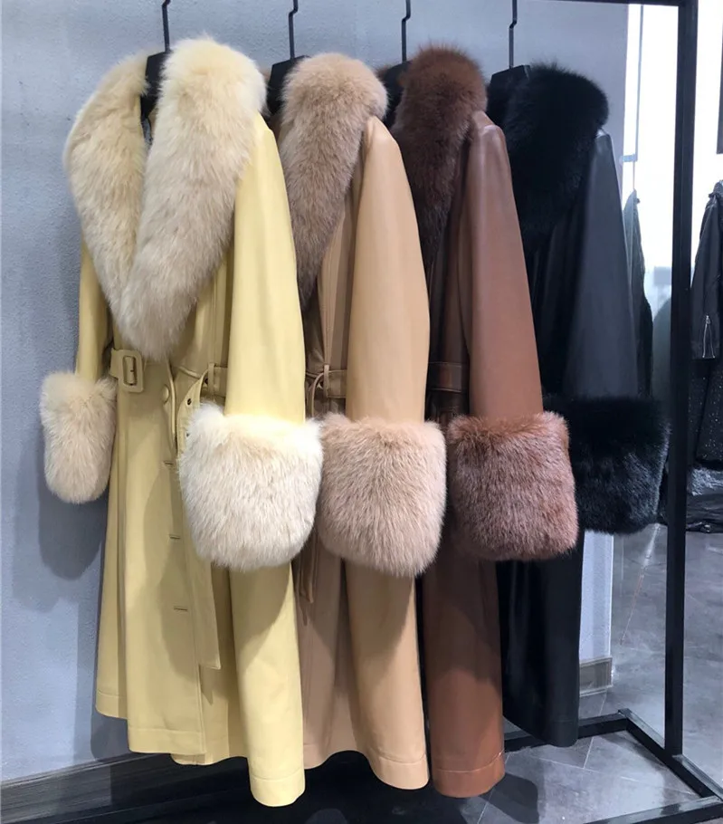 Winter New Women Real Fox Fur Collar and Cuffs Long Sheepskin Jacket Warm Slim Fit Genuine Leather Trench Coat Ladies Overcoat
