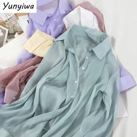 Shirt Women Solid Thin 5-colors Basic Breathable Female Tops Long Sleeve Loose Single Breasted Sun-proof Students Korean Style