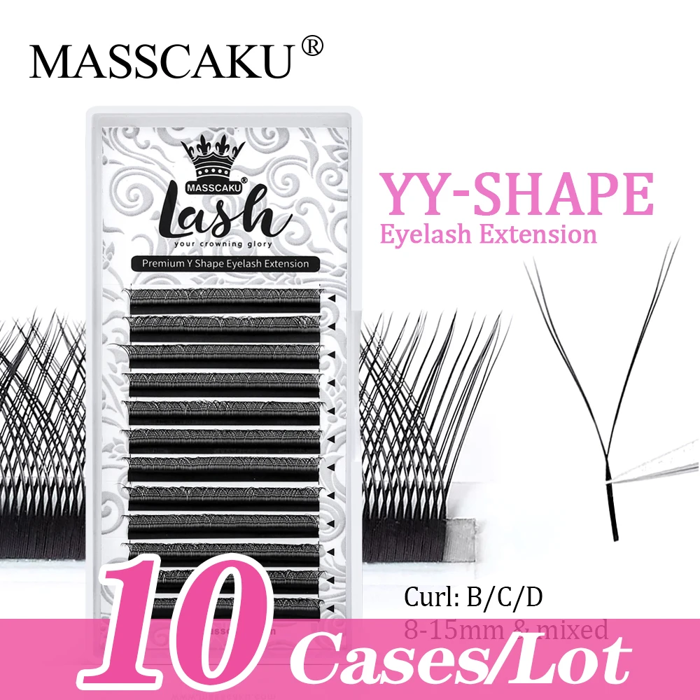 

MASSCAKU 10Trays/lot YY Shape Double Tips Eyelashes Extensions High Quality Natural Soft Black Premade Fan Faux Mink Lash