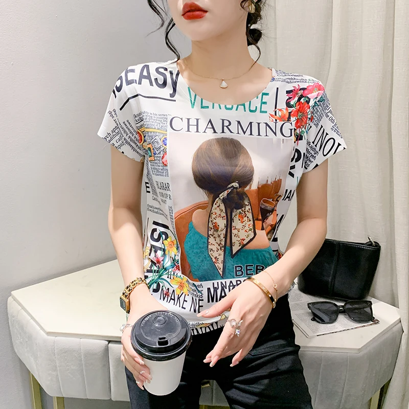 2023 Summer European Clothes Cotton High Quality T-Shirt Chic Sexy O-Neck Print Letter Women Tops Short Sleeve Casual Tees 34067