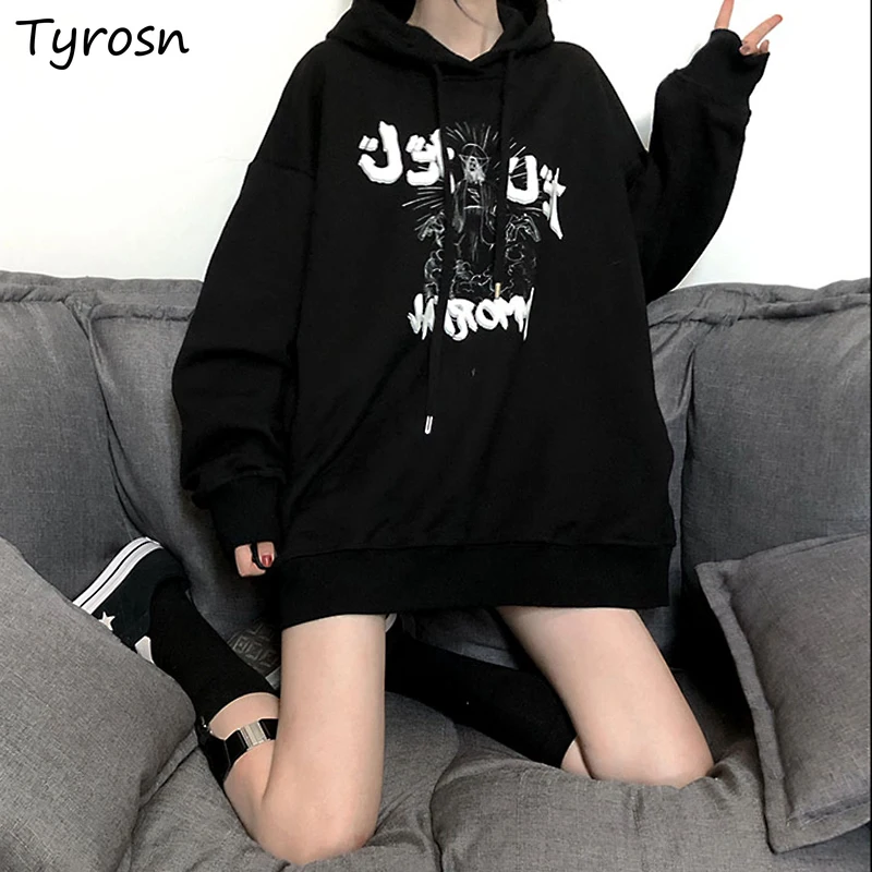 

With Hat Hoodies Women Black Design Letter Printing Graphic Gothic Sweatshirts Harajuku Warm Chic Couples Tops Thicker Ulzzang