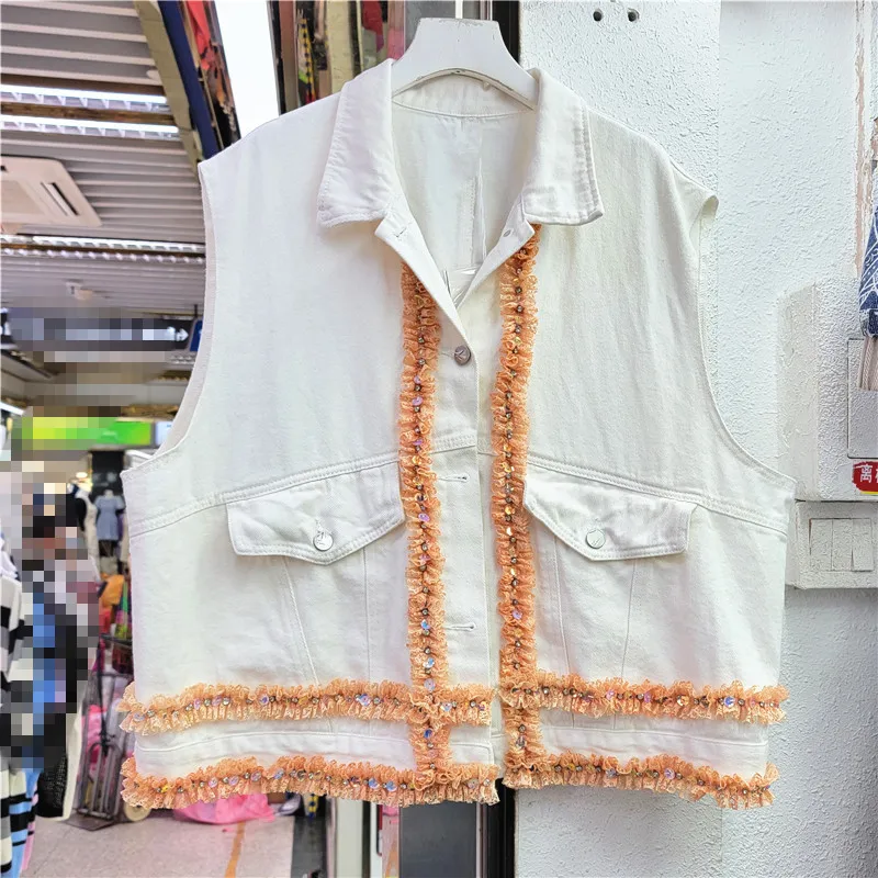 

Summer Chic Pleated Ruffle Diamond Splicing White Denim Vest Jacket Casual Lapel Sleeveless Denim Waistcoat Female Veste Femme