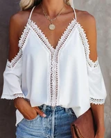 2022 summer women t shirt new sexy contrast lace cold shoulder top female shirt fashion sleeve white blouse for ladies v neck