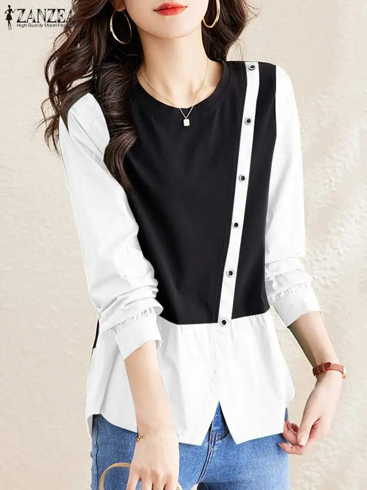 

ZANZEA Autumn Fashion Patchwork Sweatshirts Woman Long Sleeve O-Neck Shirt Female Elegant Party Blouse Vintage OL Chemise 2023