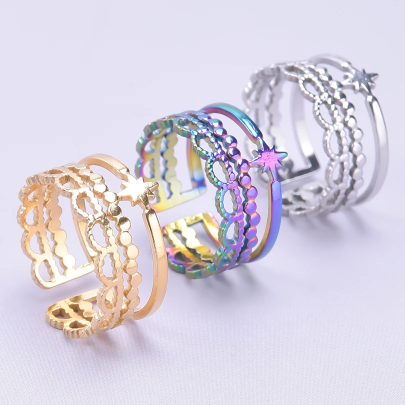 

Crown Star Adjustable Stainless Steel Rings For Women Men Accessories Metal Jewelry Vintage Fingers Ring Never Fade Couple Gift