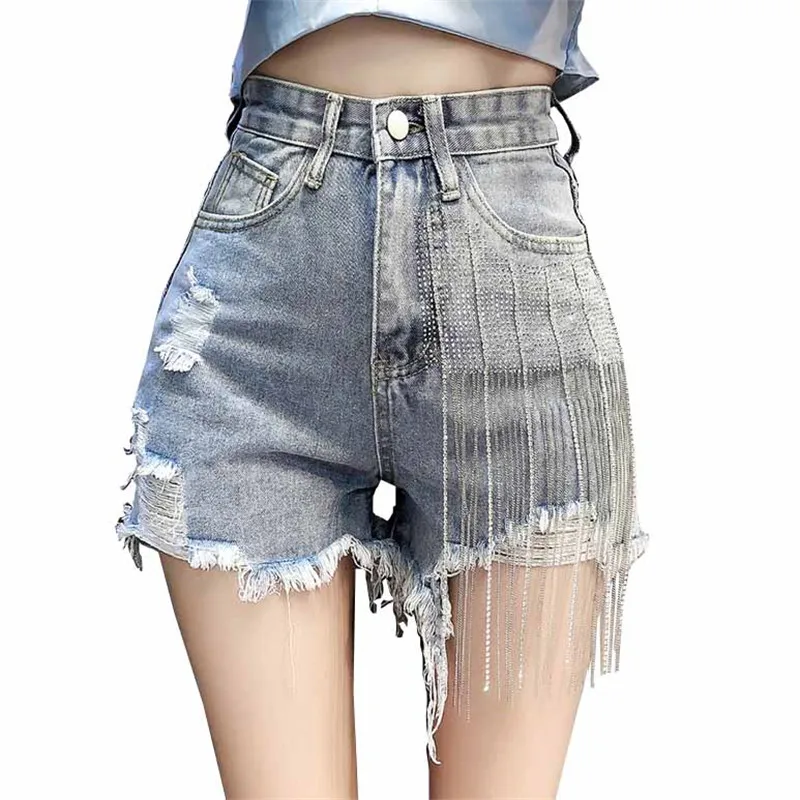 2023 Summer Rhinestone Fringed High Waist Denim Shorts New Women Ladies Fashion Casual Loose Wide Leg Short Jeans Ripped Shorts