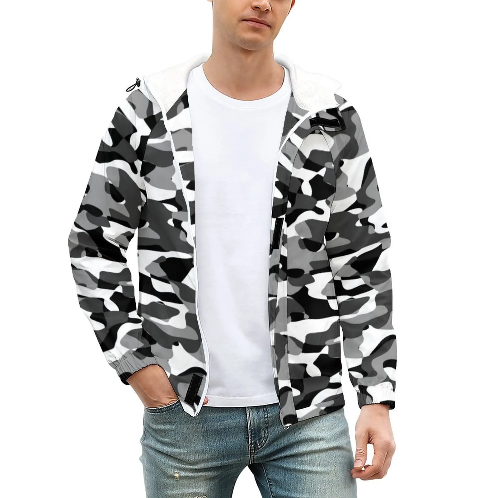 

Темно-серые камуфляжные толстые повседневные куртки черно-белые камуфляжные пальто Зимняя Эстетическая куртка с капюшоном графические св...