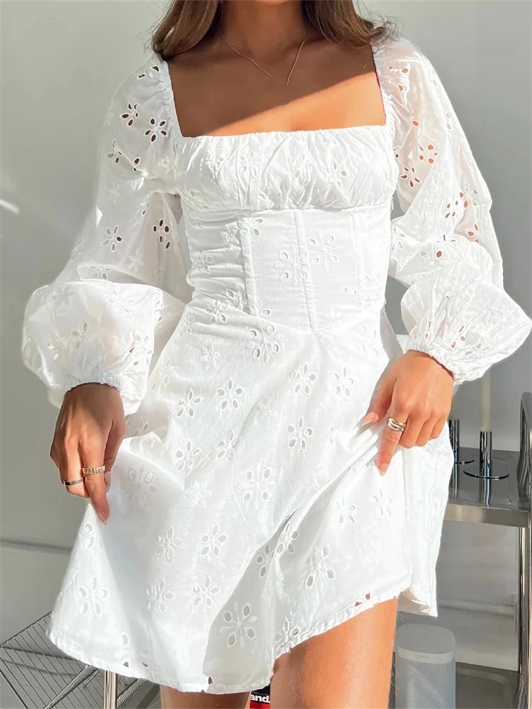 

CHRONSTYLE Elegant Women Long Puff Sleeve Lace Floral Mini Dress Party Clubwear Square Neck High Waist Ruched Dress Vestido 2023