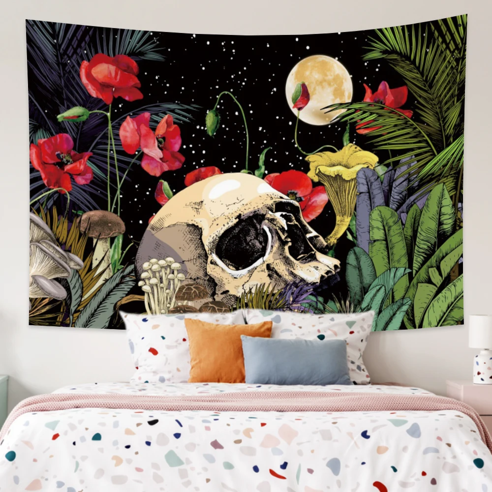 

Flower Skull Skeleton Plant Moon Tapestry Garden Psychedelic Witchcraft Bohemian Wall Hanging Art Room Home Decoratio Tapestries