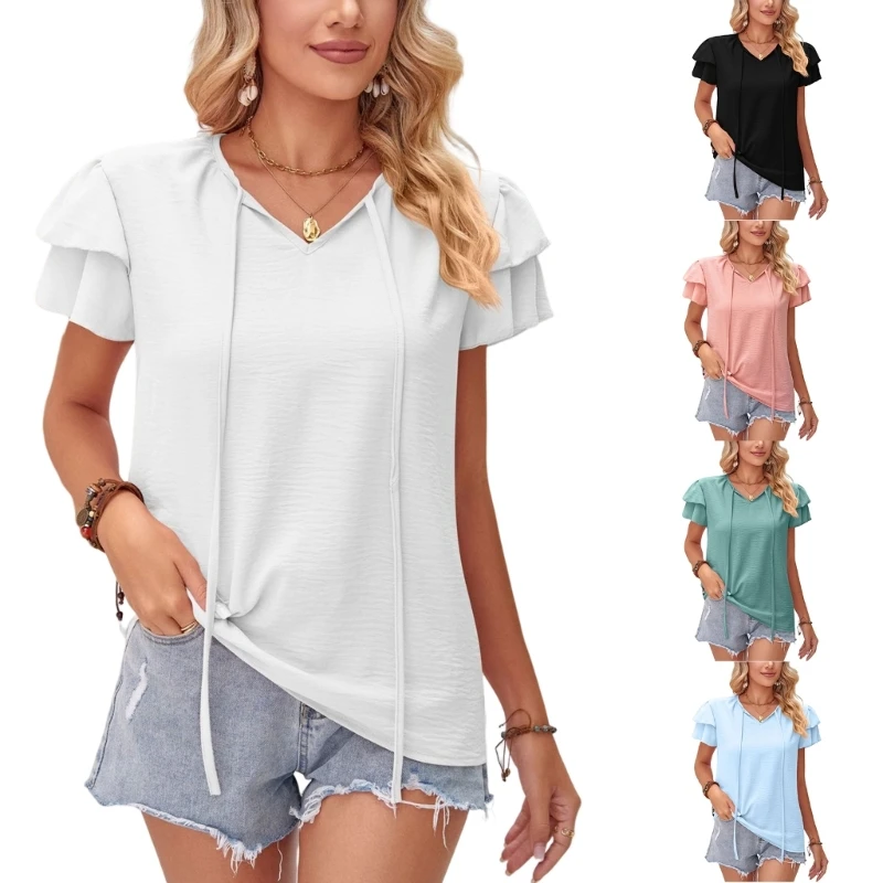 

New style Women V Neck Shirts Top ,Casual Petal Short Sleeve Tshirts,Cute Loose Fit Blouses Dressy-Summer Top Tees