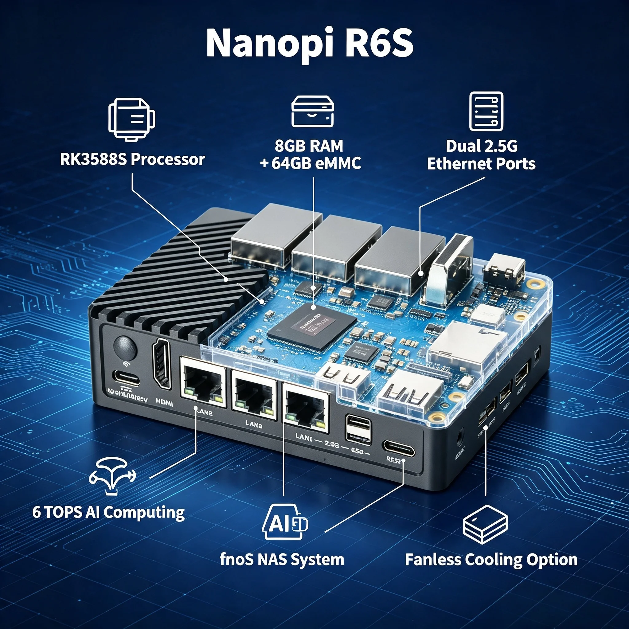 Фото Плата разработки Nanopi R6S RK3588S, 8 ГБ ОЗУ, 64 ГБ eMMC, два порта 2.5G Ethernet, поддержка периферийных вычислений, встраиваемый NAS, поддержка fnOS №1