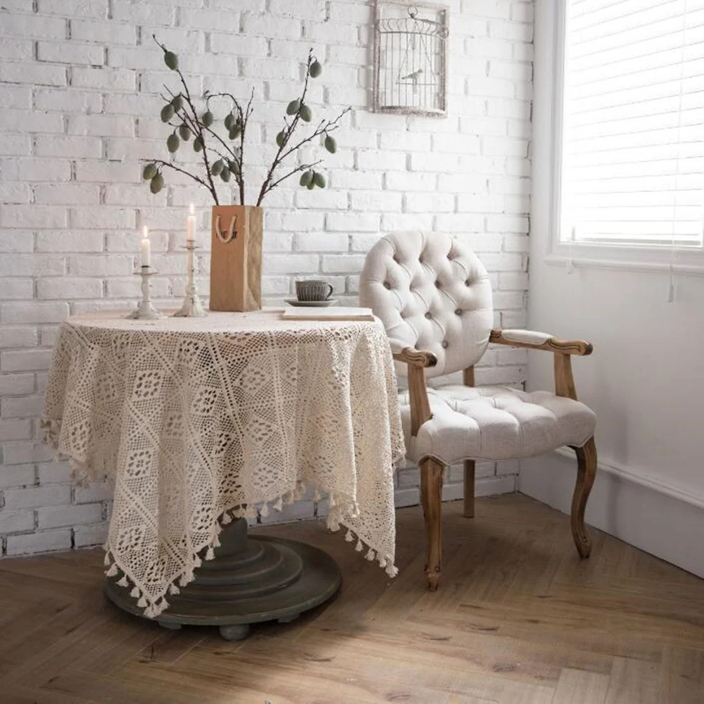 

Retro Tassel Crochet Square Plate Mat Dining Round Table Cloth Party Hollow Lace Tablecloth Beige Black Tablecloths Crochets ER3
