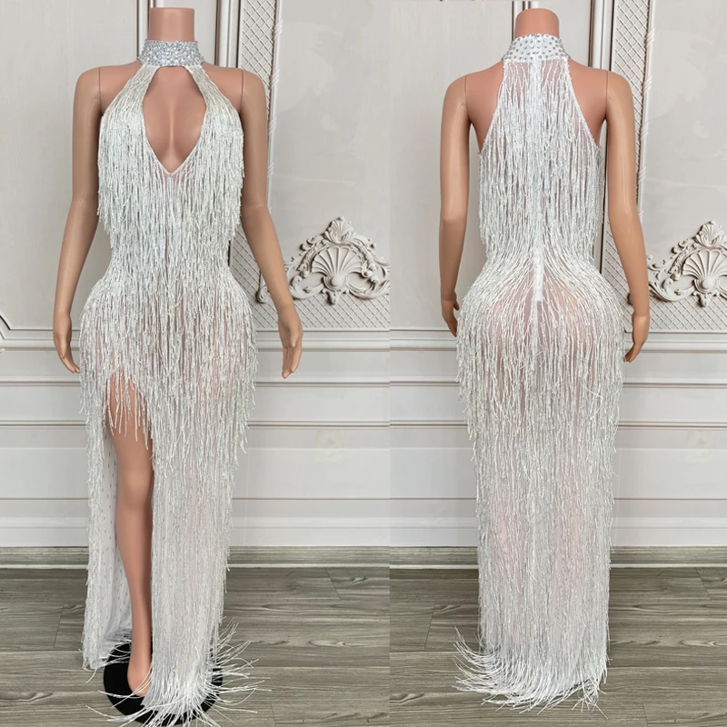 Вечернее платье со стразами и бахромой женский танцевальный костюм певицы Gogo