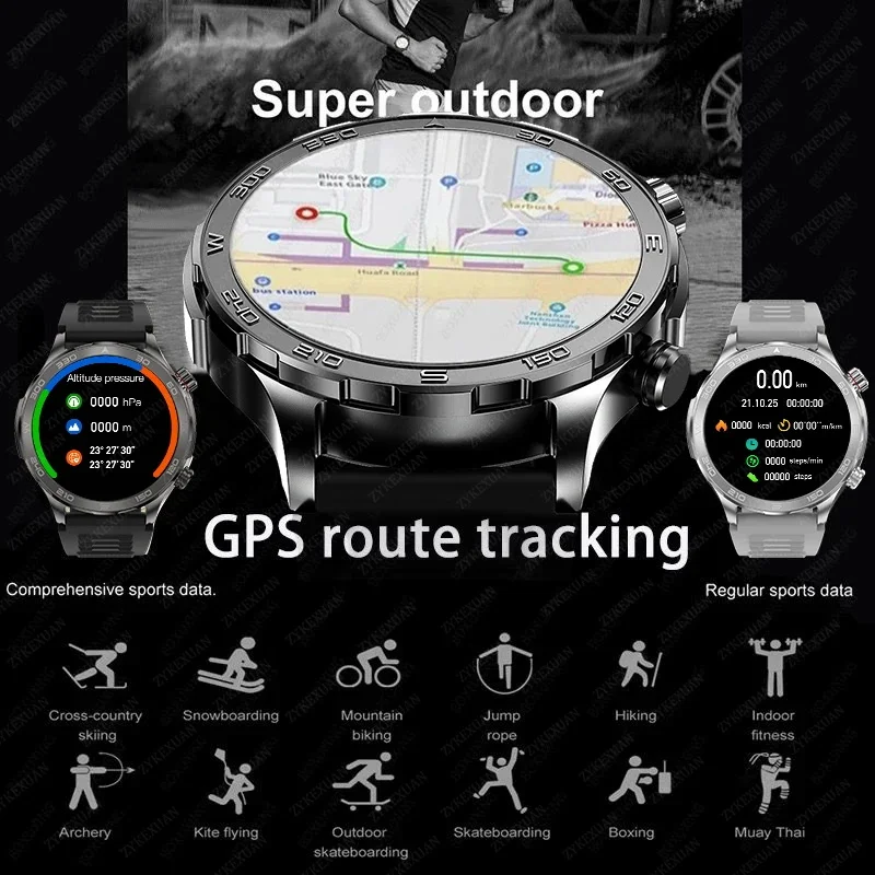 Фото Новые умные часы с GPS-трекером для мужчин, AMOLED HD-экран, для занятий спортом на открытом воздухе, фитнеса, с измерением пульса, NFC, водонепроницаемые IP68, с функцией Bluetooth-звонков №3