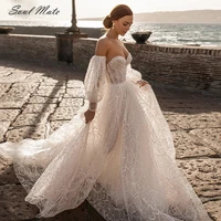boho lace beach wedding dresses sweetheart a line bride dresses detachable puff sleeves bow long wedding gowns vestidos de novia
