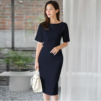 summer dress women 2022 casual round neck fashion korean ladies solid color long skirt office ol waist dresses club party robe
