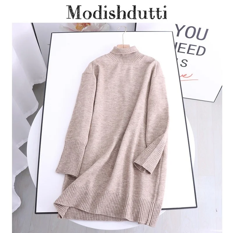 

Modishdutti 2022 Autumn Winter Women Fashion Long Sleeve Turtleneck Knitted Dresses Female Solid Color Casual Simple Dress