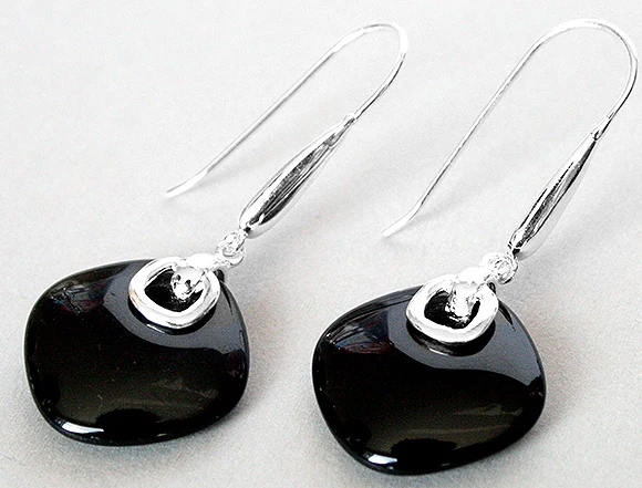 

FASHION 925 SILVER NATURAL BLACK AGATE EARRINGS 14/5"