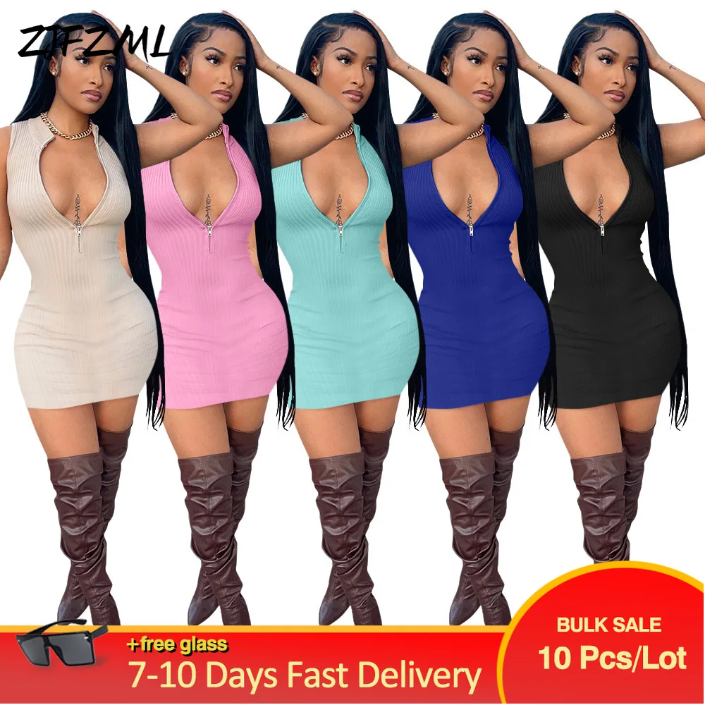 

Bulk Items Wholesale Lots Women Straight Sleeveless Dress Zippered Empire Waist Slim Fitting Pure Color Ribbed Dresses for Lady