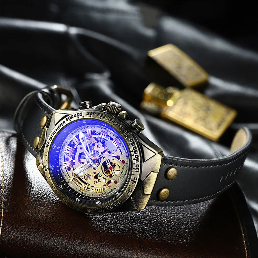 

Mechanical Automatic Watch Men's Steampunk Skeleton Automatic Winding Watch Vintage Leather Watch Men's Clock Relogio Masculino