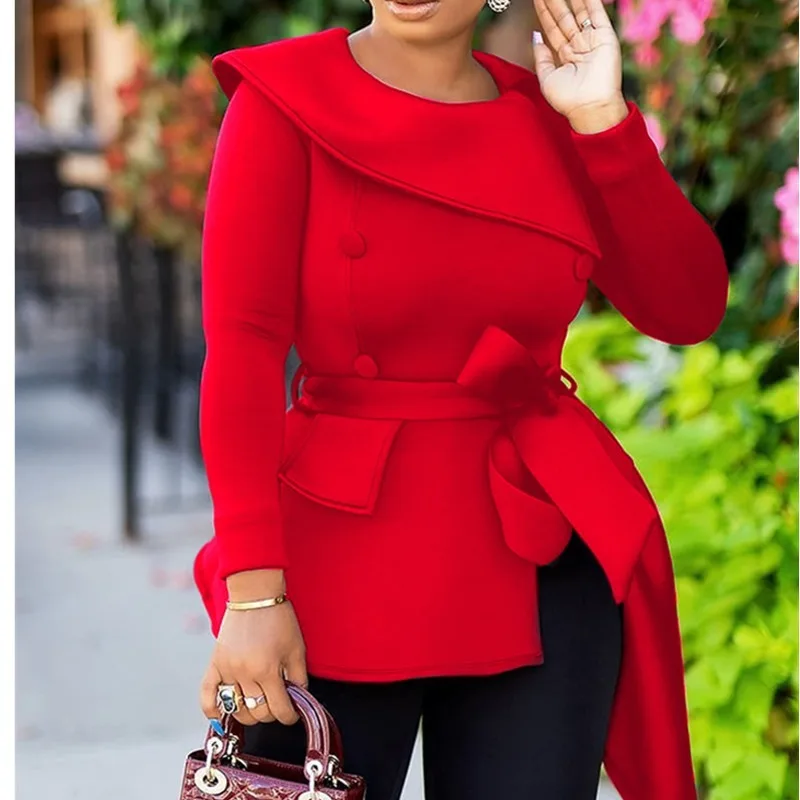

Autumn 2021 African Women Blouse Tops Winter Irregular Shirt O Neck Office Ladies Work Wear Elegant Black Asymmetrical Tops