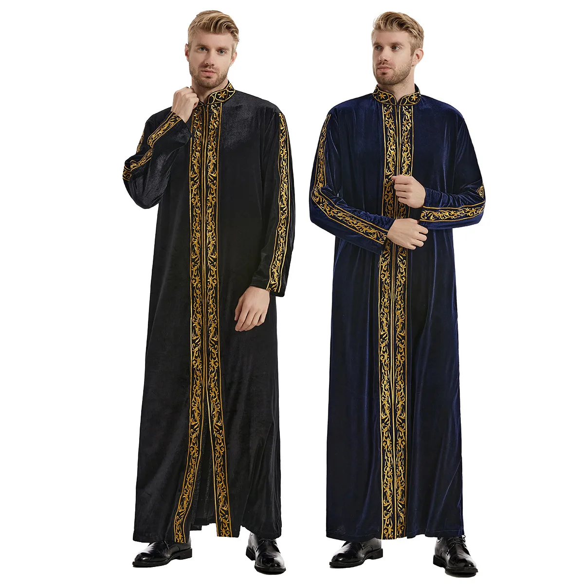 2023 Men's Muslim Stand Collar Embroidery Ramadan Thobe with Long Sleeves Islamic Robe Kaftan Thawb Dubai Abaya جلباب رجالي